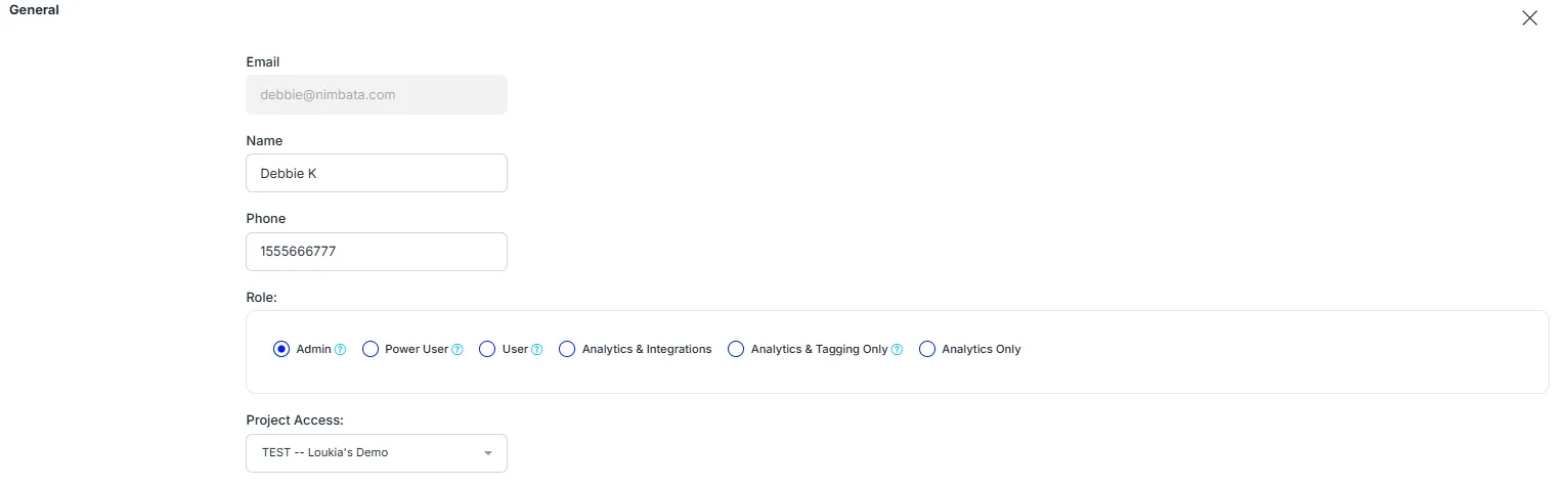 The General section of a user, with Email, Name, Phone, the Role options and Project Access.