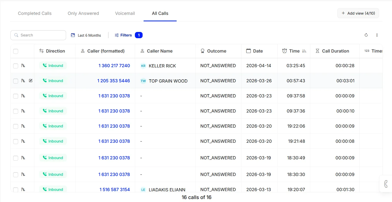The All Calls tab with inbound calls whose Outcome is NOT_ANSWERED, and their call durations.