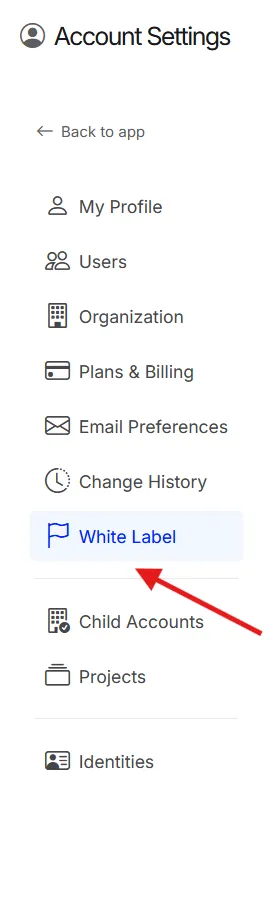 The Account Settings menu with White Label marked.