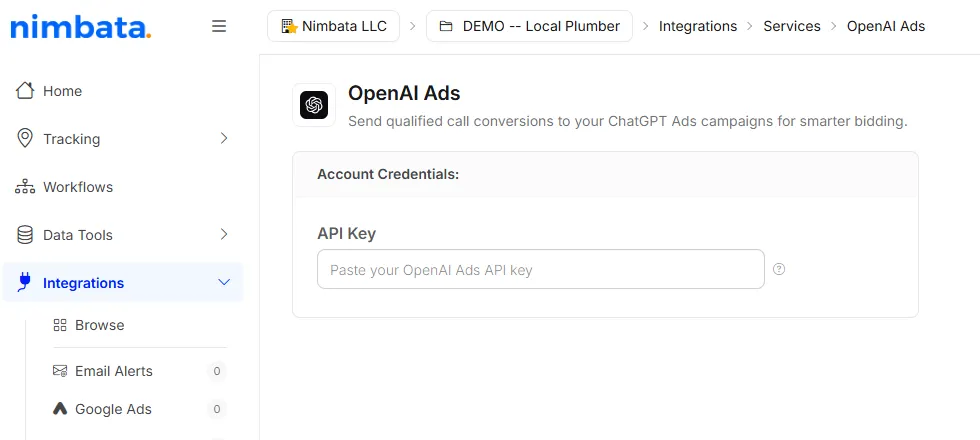 The OpenAI Ads integration in Nimbata, with an empty API Key field under Account Credentials.