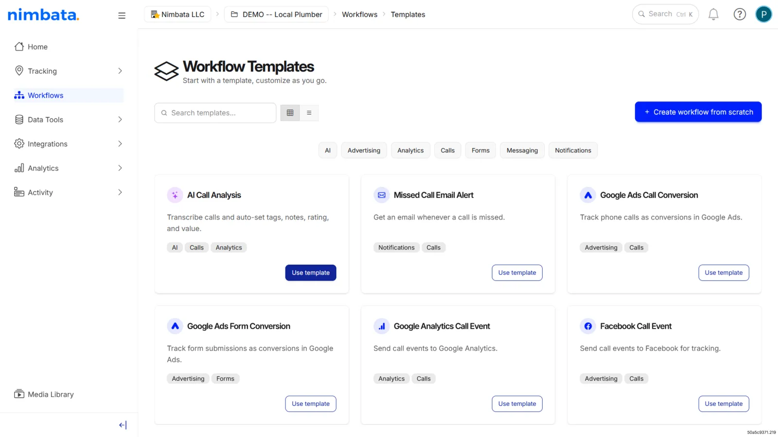 The Workflow Templates page with Use template highlighted on the AI Call Analysis card.