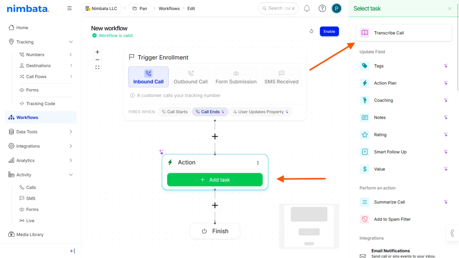The Select task panel next to a new workflow, with Transcribe Call at the top of the list and the Action block’s Add task button marked.