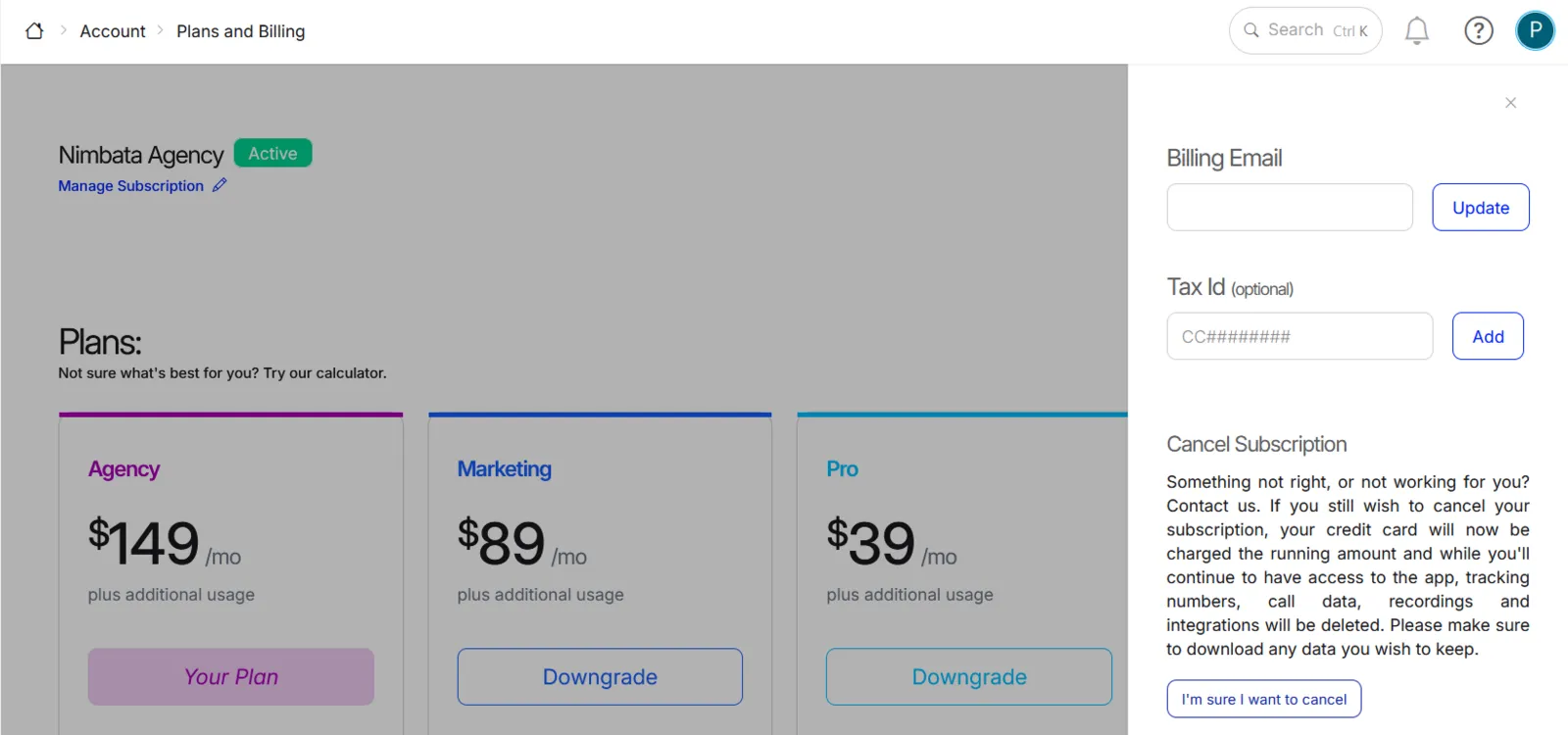 The Manage Subscription panel beside Plans and Billing, with Billing Email and Update, Tax Id (optional) and Add, and the Cancel Subscription box.