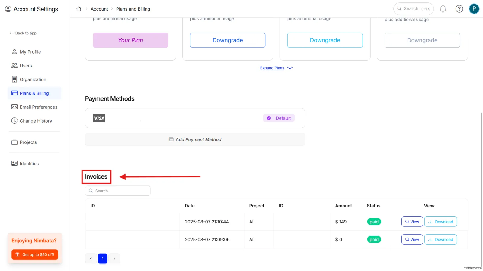 The Invoices list under Plans & Billing, below Payment Methods, with each invoice’s date, project, amount, status and its View and Download buttons.
