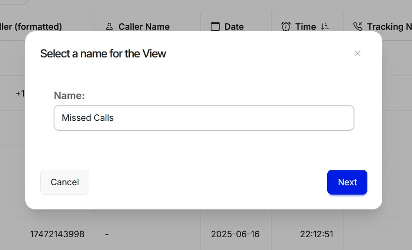 The Select a name for the View dialog with the name Missed Calls, and Next.