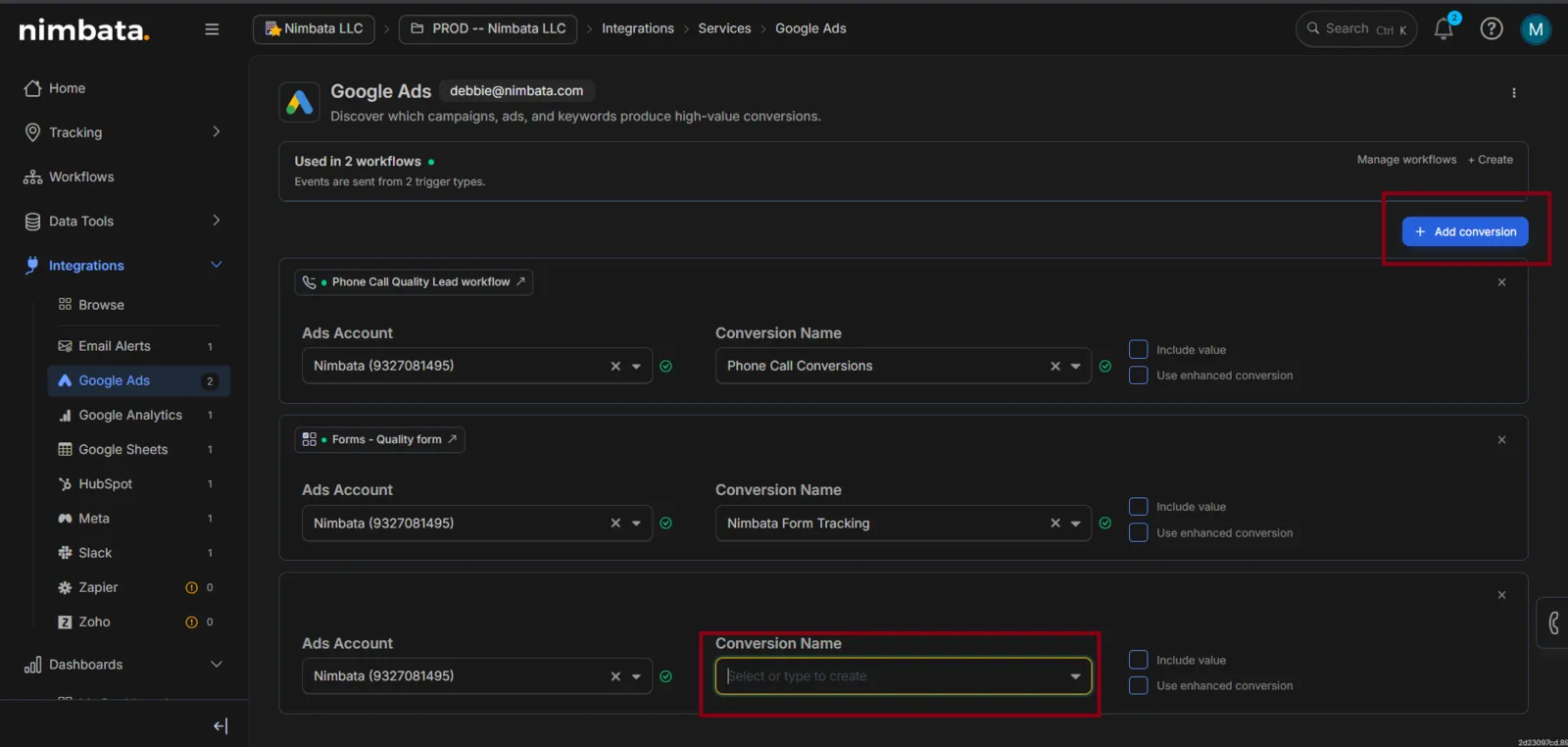 The Google Ads integration with Add conversion marked and, in the new conversion row, the “Select or type to create” Conversion Name field marked.