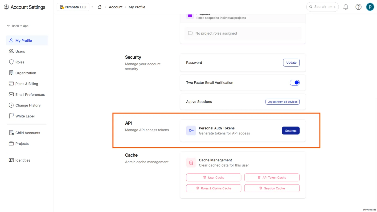 My Profile in Account Settings scrolled to the API section, with Personal Auth Tokens and its Settings button marked.