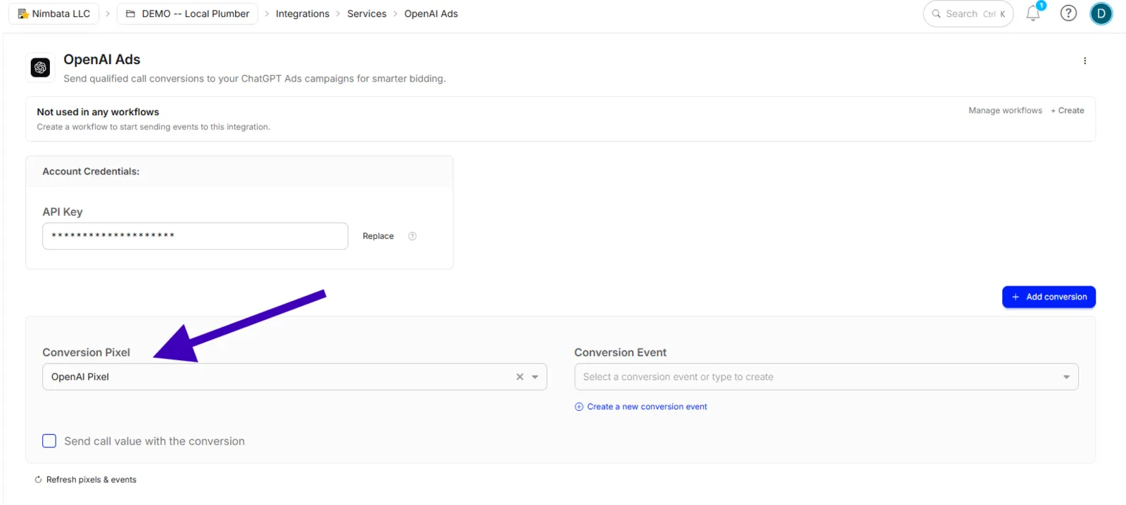 The OpenAI Ads integration with OpenAI Pixel selected as the Conversion Pixel, an empty Conversion Event field, and Create a new conversion event below it.