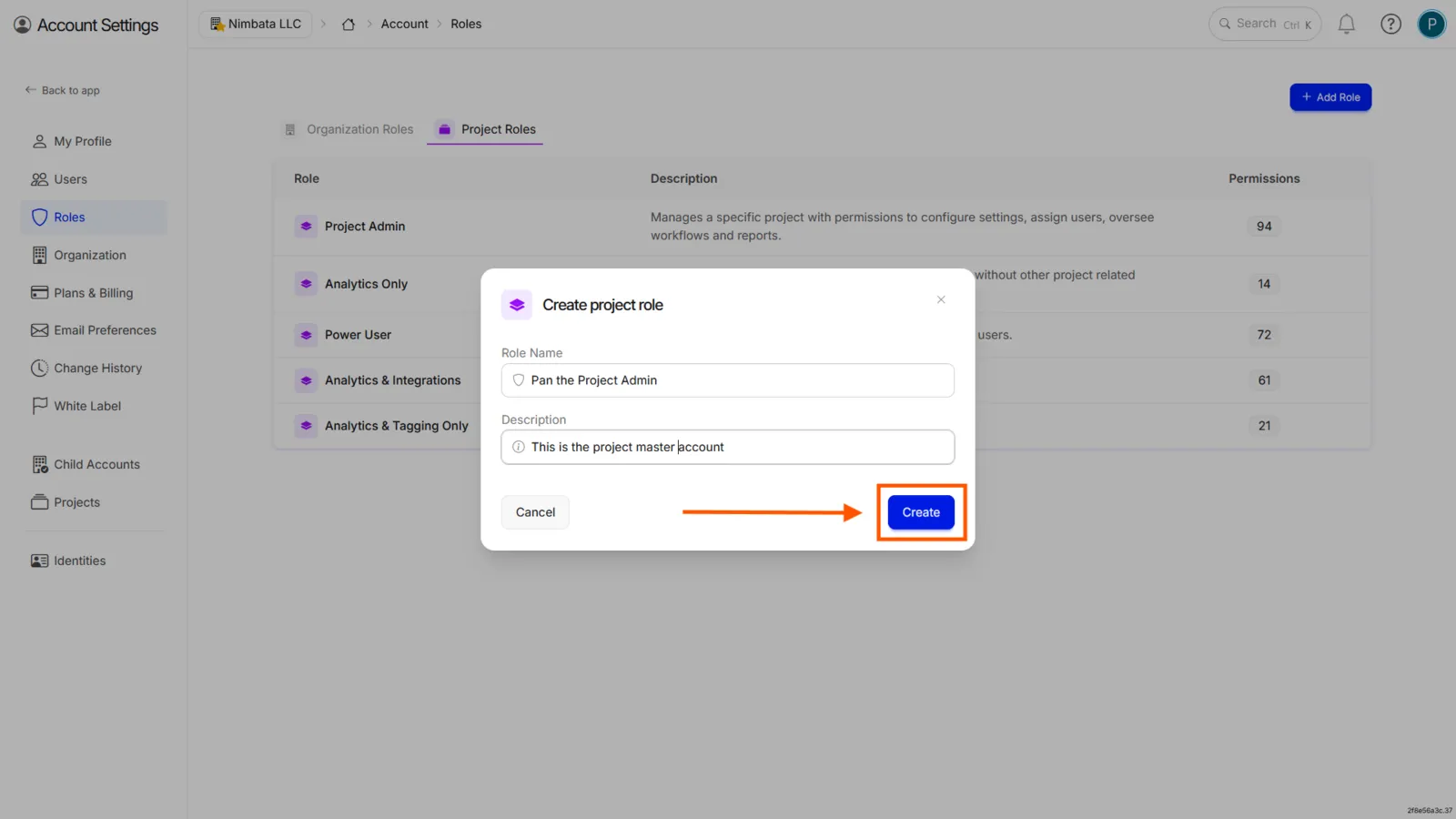 The Create project role pop-up over the Project Roles tab, with Role Name and Description filled in, and Create marked.