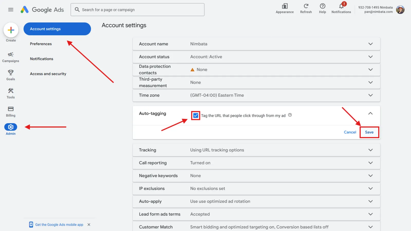 The Auto-tagging setting in Google Ads Account settings, with its checkbox and Save marked.