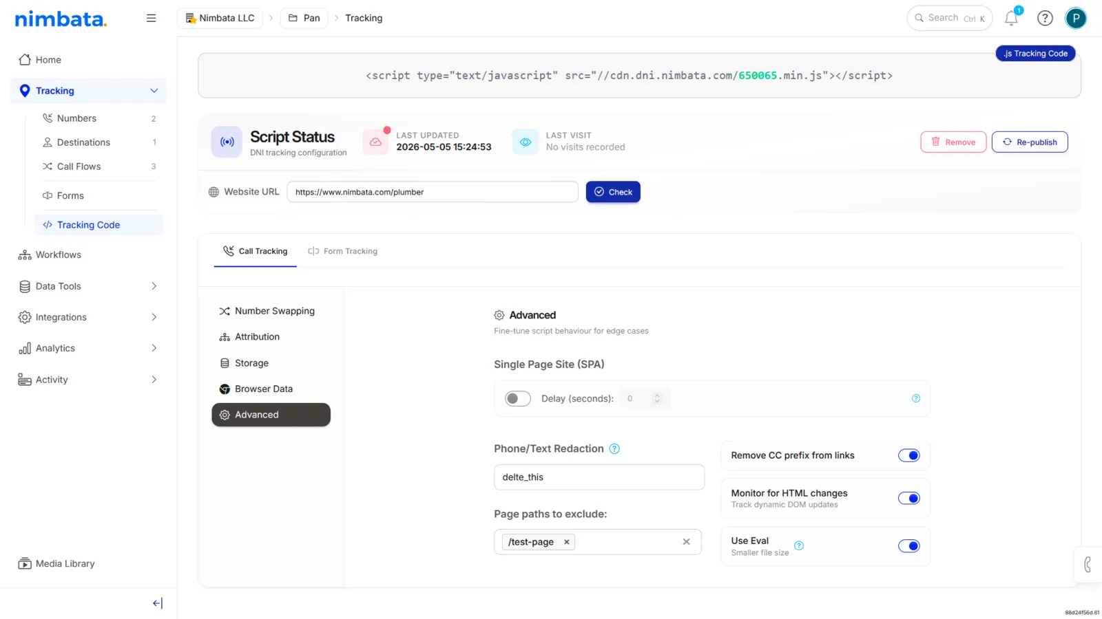 The advanced settings of the DNI script in Tracking > Tracking Code.