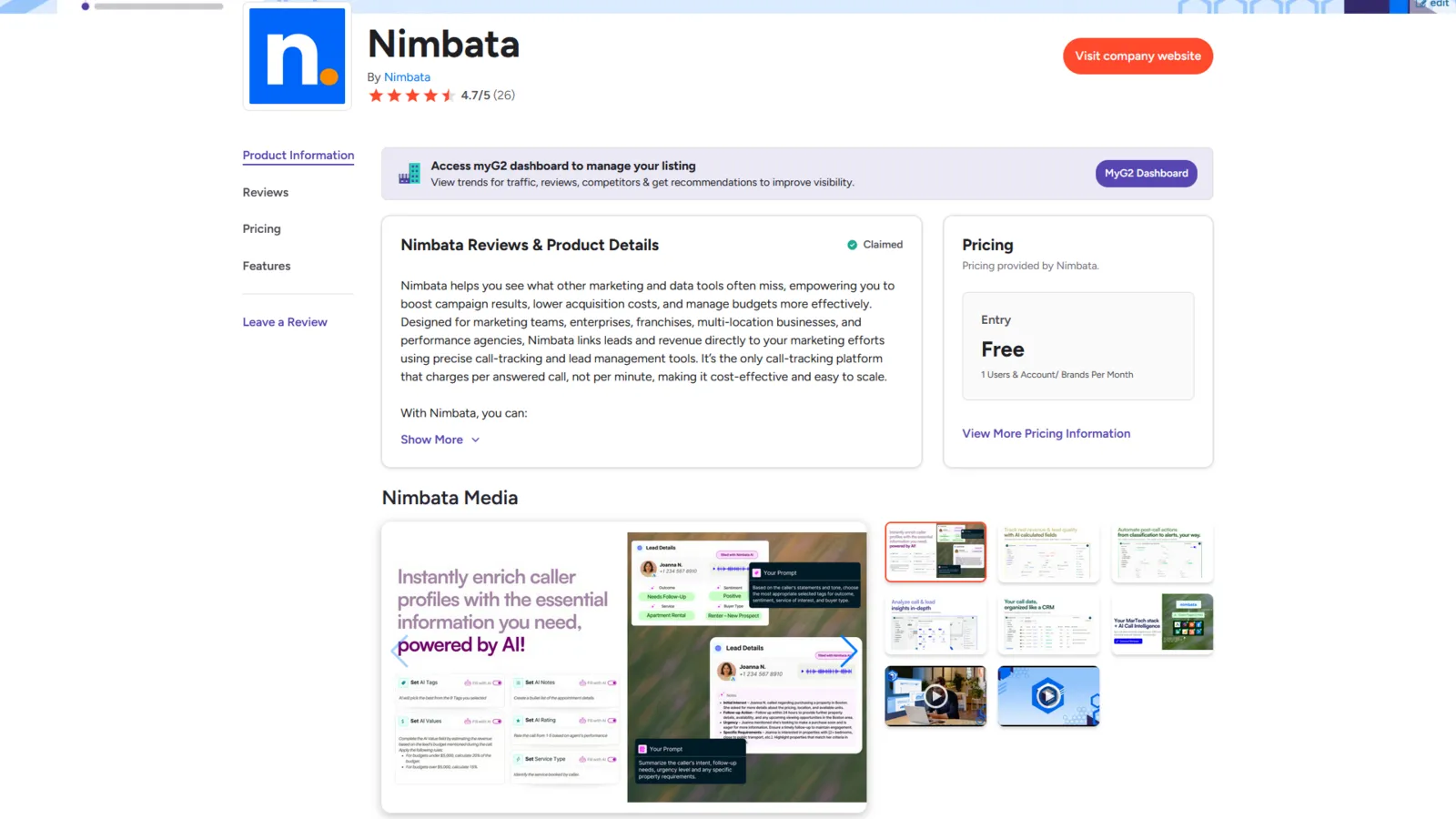 Nimbata’s product page on G2, with its rating, reviews and pricing.