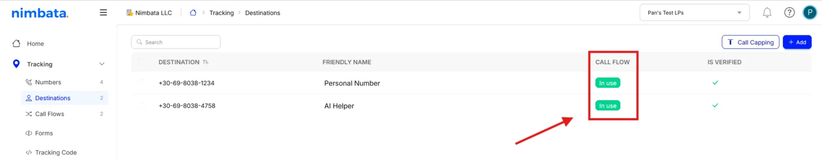 Check whether the number shows “In use”.