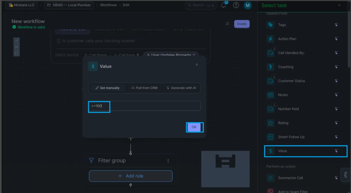 A workflow firing on User Updates Property, with the Value task selected in the Select task panel and “>=100” typed in its Set manually field, above OK.
