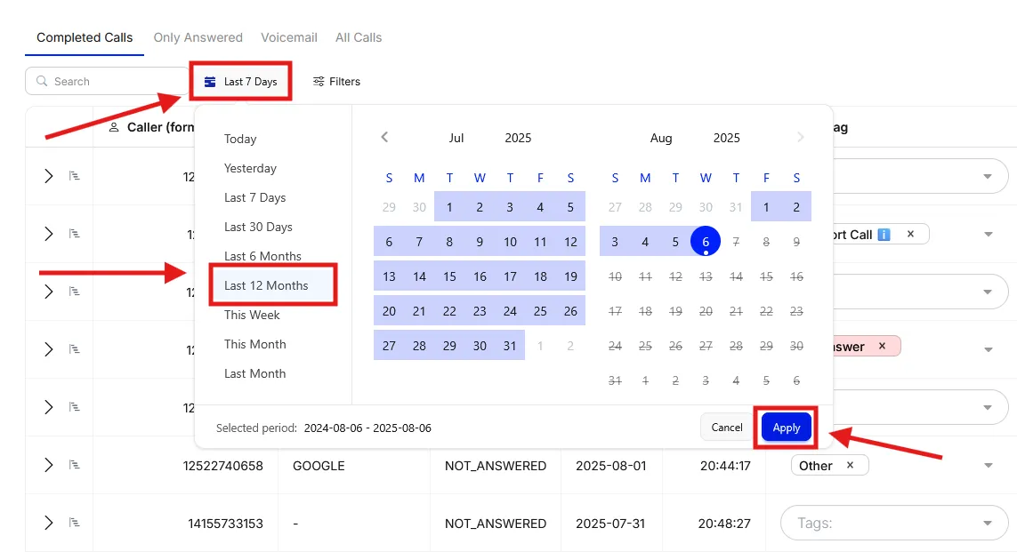 The date range picker on Completed Calls, with Last 12 Months and Apply marked.