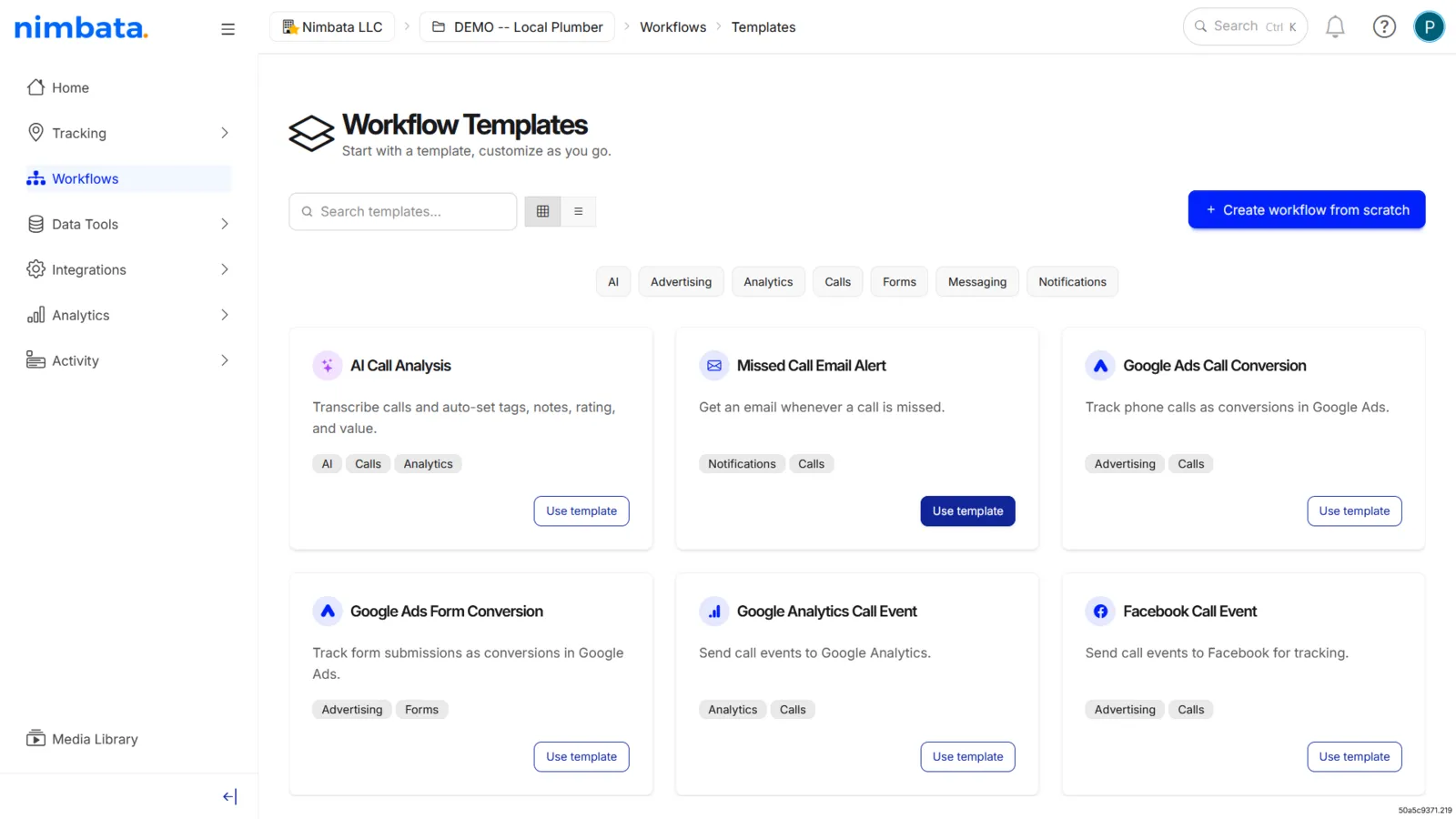 The Workflow Templates page with Use template highlighted on the Missed Call Email Alert card.