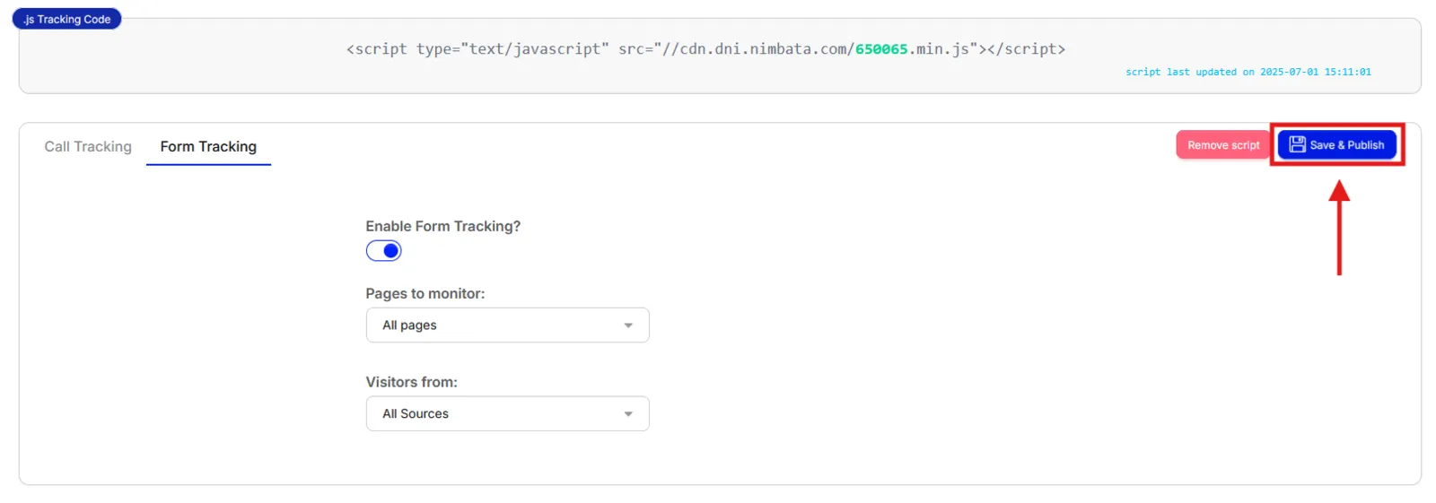 The Form Tracking tab of the Tracking Code page, with Enable Form Tracking? on, Pages to monitor set to All pages, Visitors from set to All Sources, and Save & Publish marked.