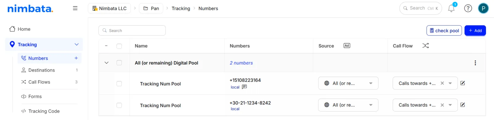 A swap group on Tracking > Numbers, All (or remaining) Digital Pool, with its two tracking numbers listed under it.