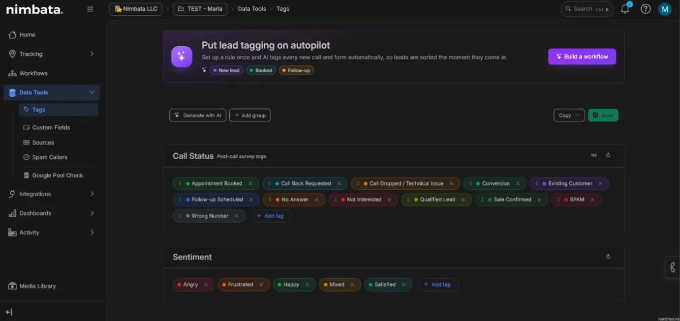 The Tags page in Data Tools, with the Call Status and Sentiment tag groups.