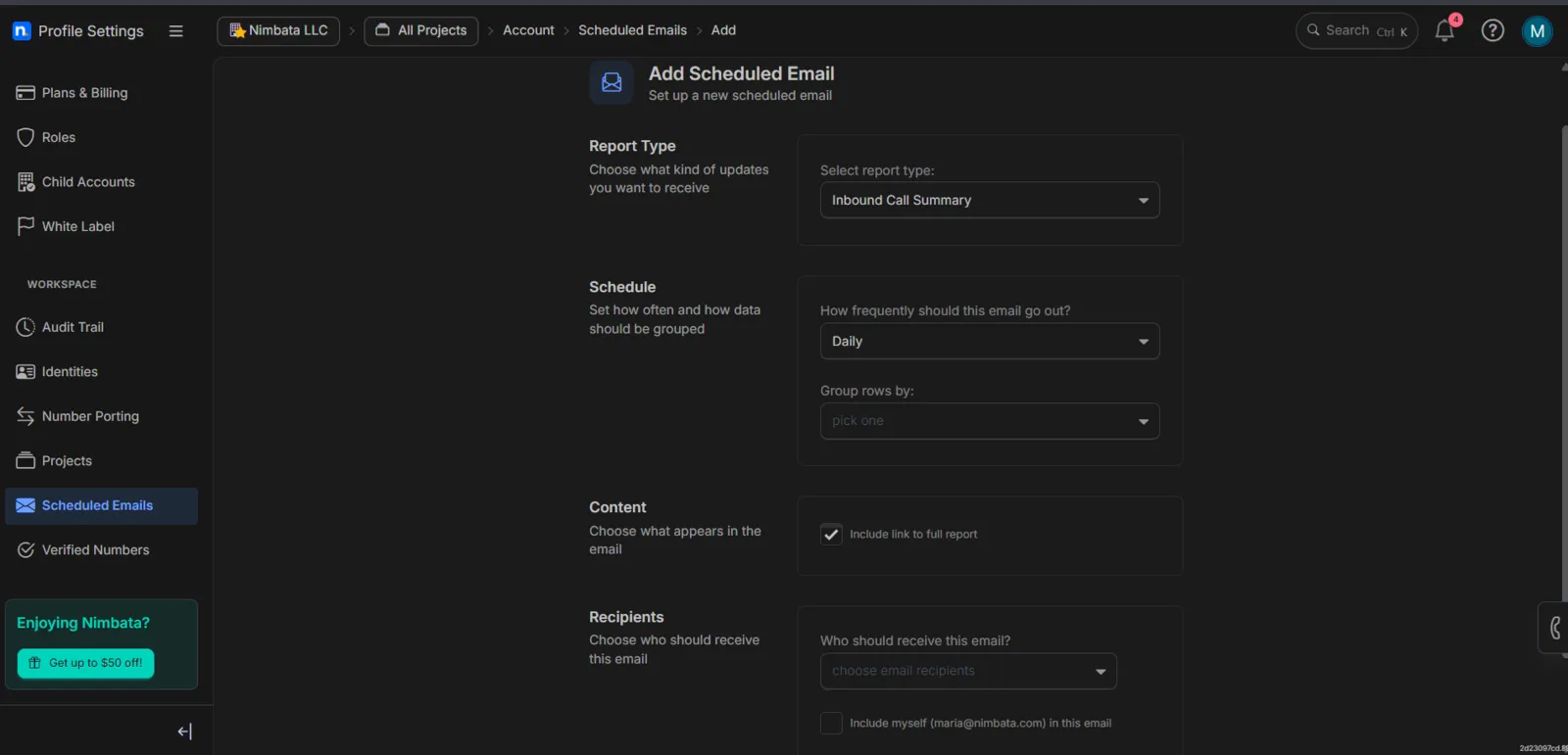 The Add Scheduled Email form under Account > Scheduled Emails, with Report Type, Schedule, Content and Recipients.