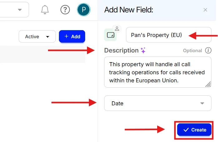 The Add New Field panel with a name, a description and the Date type, and Create marked.