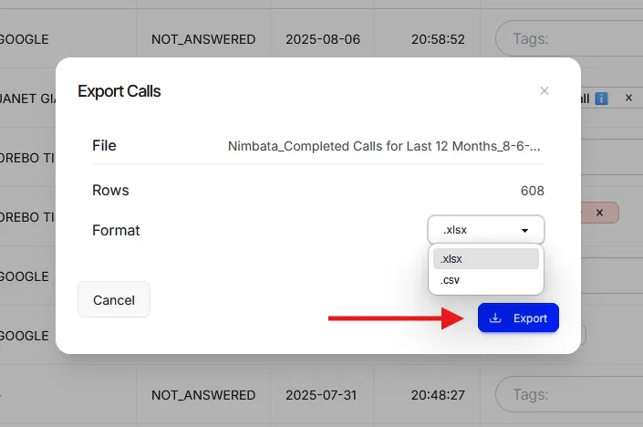 The Export Calls dialog with the Format menu open on .xlsx and .csv, and Export marked.