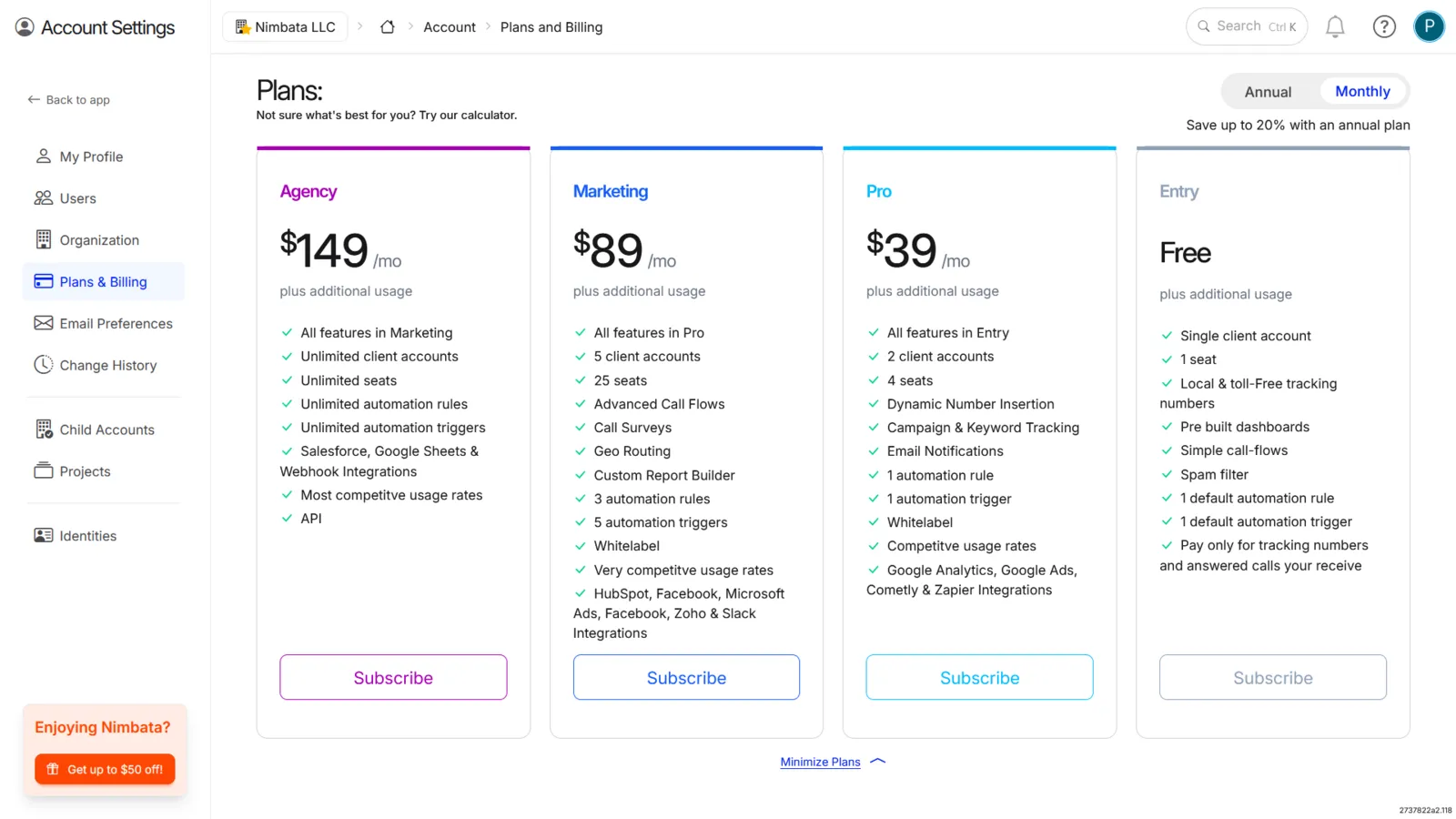 The Plans cards under Account Settings > Plans & Billing: Agency $149, Marketing $89, Pro $39 and Entry Free, each with its features and a Subscribe button, and the Annual and Monthly switch.