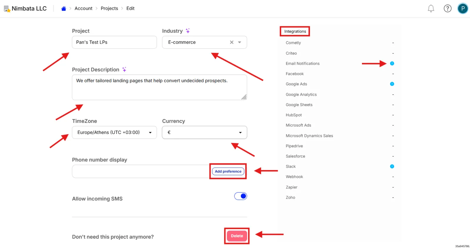 A project’s settings with its fields, Add preference and Delete marked, and the Integrations list on the right showing which integrations are enabled.