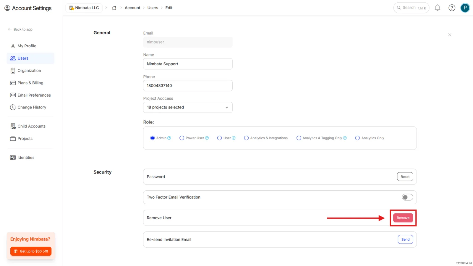 A user’s Edit page with the General and Security sections, and Remove marked next to Remove User.