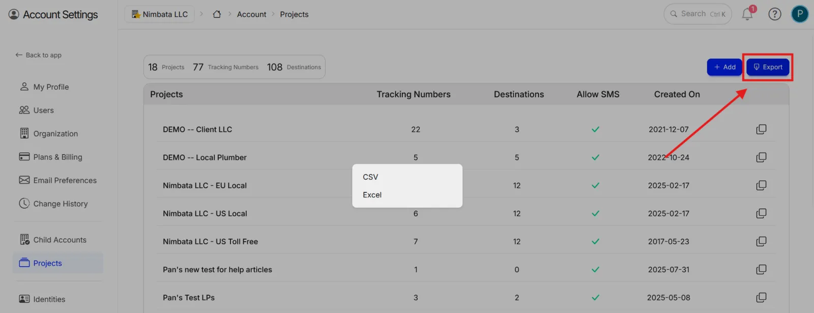 The Projects page with Export marked in the upper right and its CSV and Excel options open.