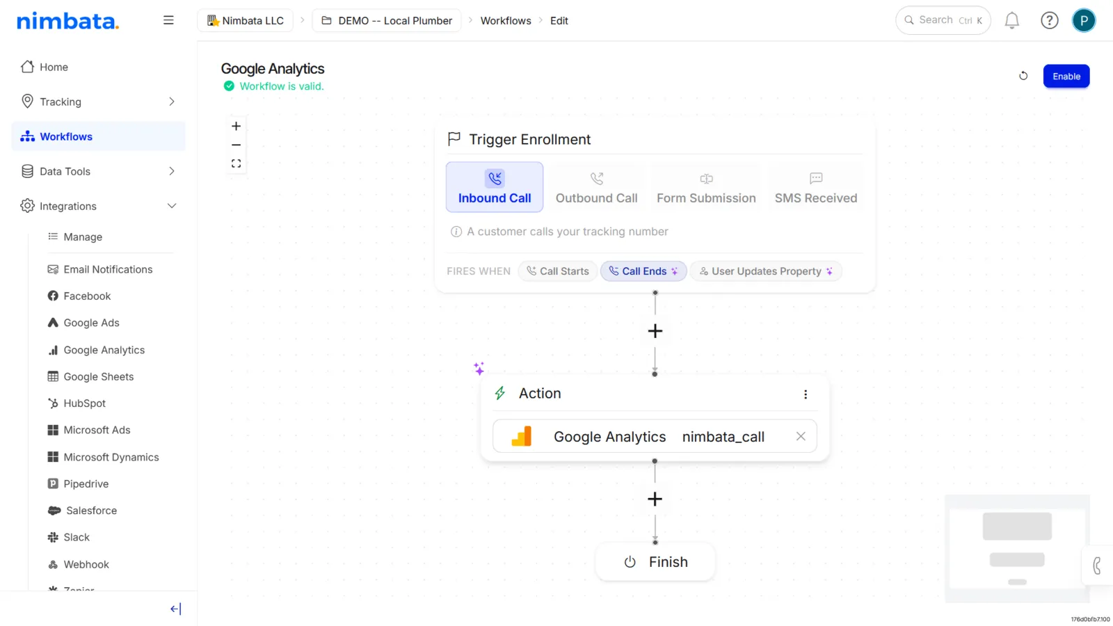 The Google Analytics workflow Nimbata creates: Trigger Enrollment on Inbound Call, firing on Call Ends, with a Google Analytics nimbata_call action.