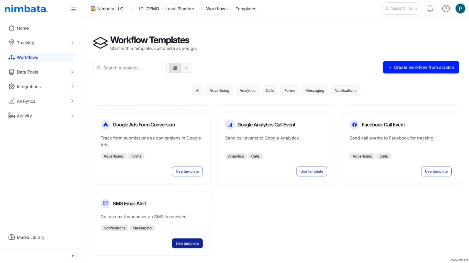 The Workflow Templates page with Use template highlighted on the SMS Email Alert card (βGet an email whenever an SMS is receivedβ).