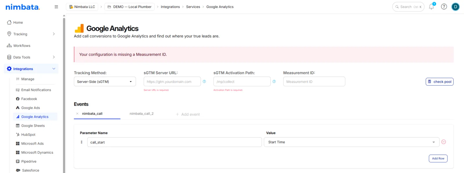 The Google Analytics integration with Tracking Method set to Server-Side (sGTM), empty sGTM Server URL, sGTM Activation Path and Measurement ID fields, and the “Your configuration is missing a Measurement ID.” warning.