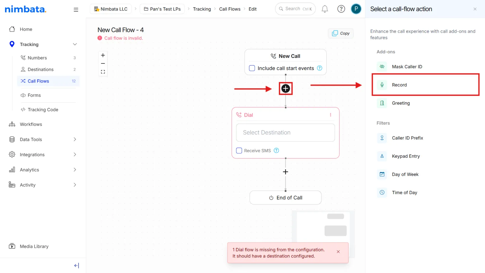 A new call flow with the + button above the Dial action marked, and Record marked under Add-ons in the Select a call-flow action panel.