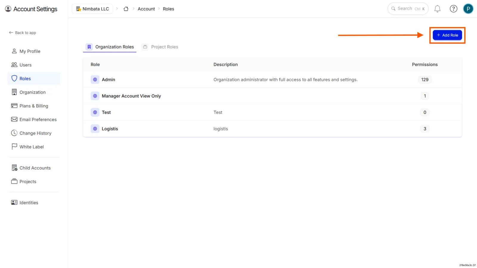The Organization Roles tab under Account > Roles, with + Add Role marked.