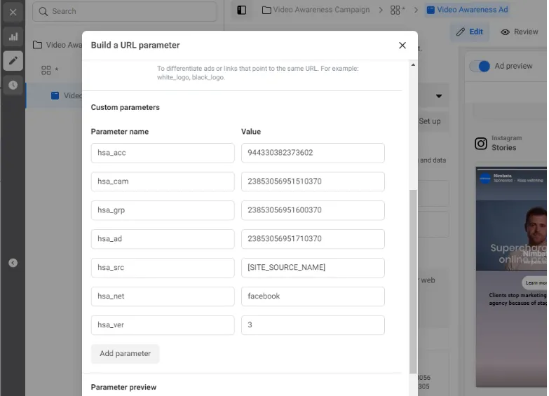 The Build a URL parameter dialog in Facebook Ads Manager, with its custom parameters.