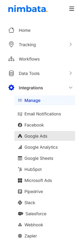 The Integrations menu with Google Ads highlighted under Manage.