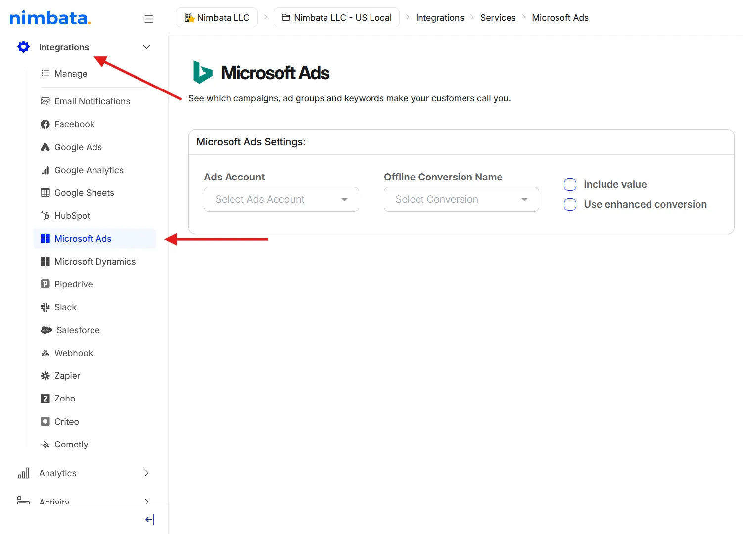 The Integrations menu with Microsoft Ads selected, and the Microsoft Ads Settings with Ads Account, Offline Conversion Name, Include value and Use enhanced conversion.