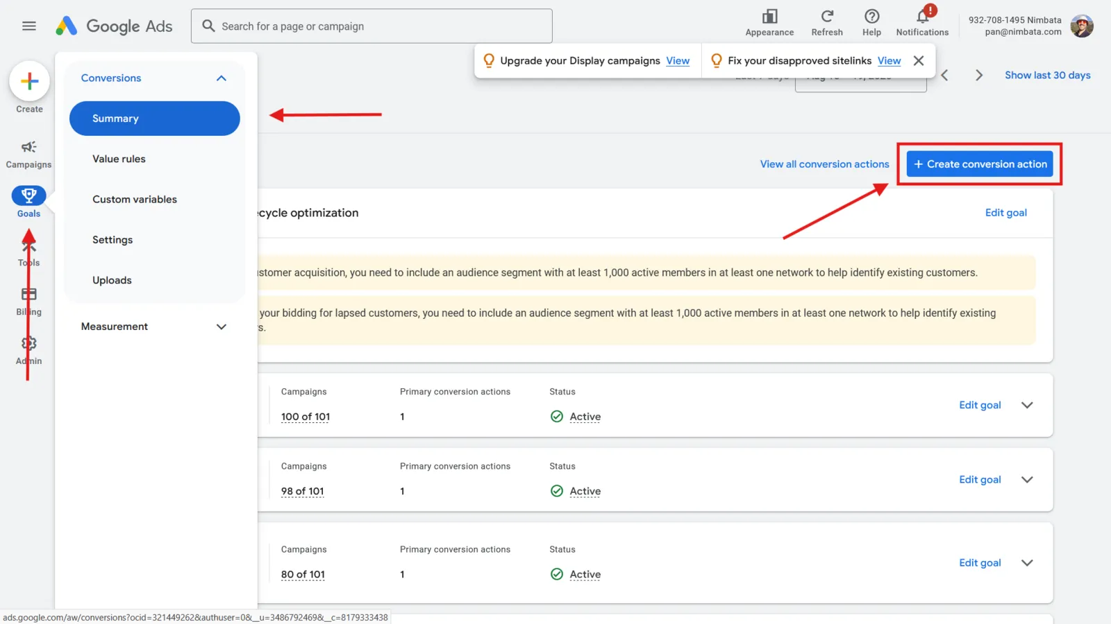Google Ads Goals > Conversions > Summary with the + Create conversion action button marked.
