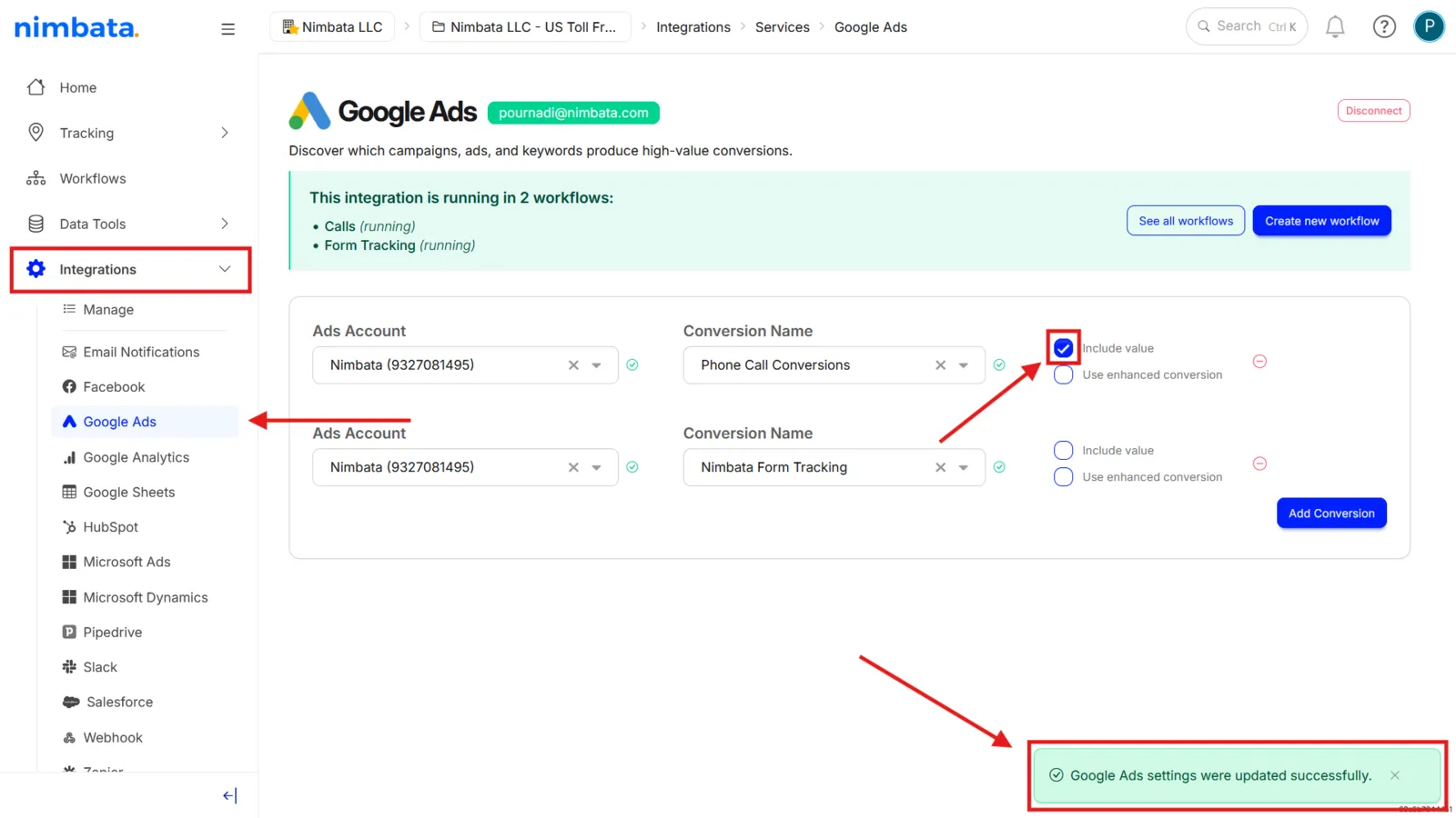 The Google Ads integration under Integrations, with Include value checked on the Phone Call Conversions row and the “Google Ads settings were updated successfully.” message.