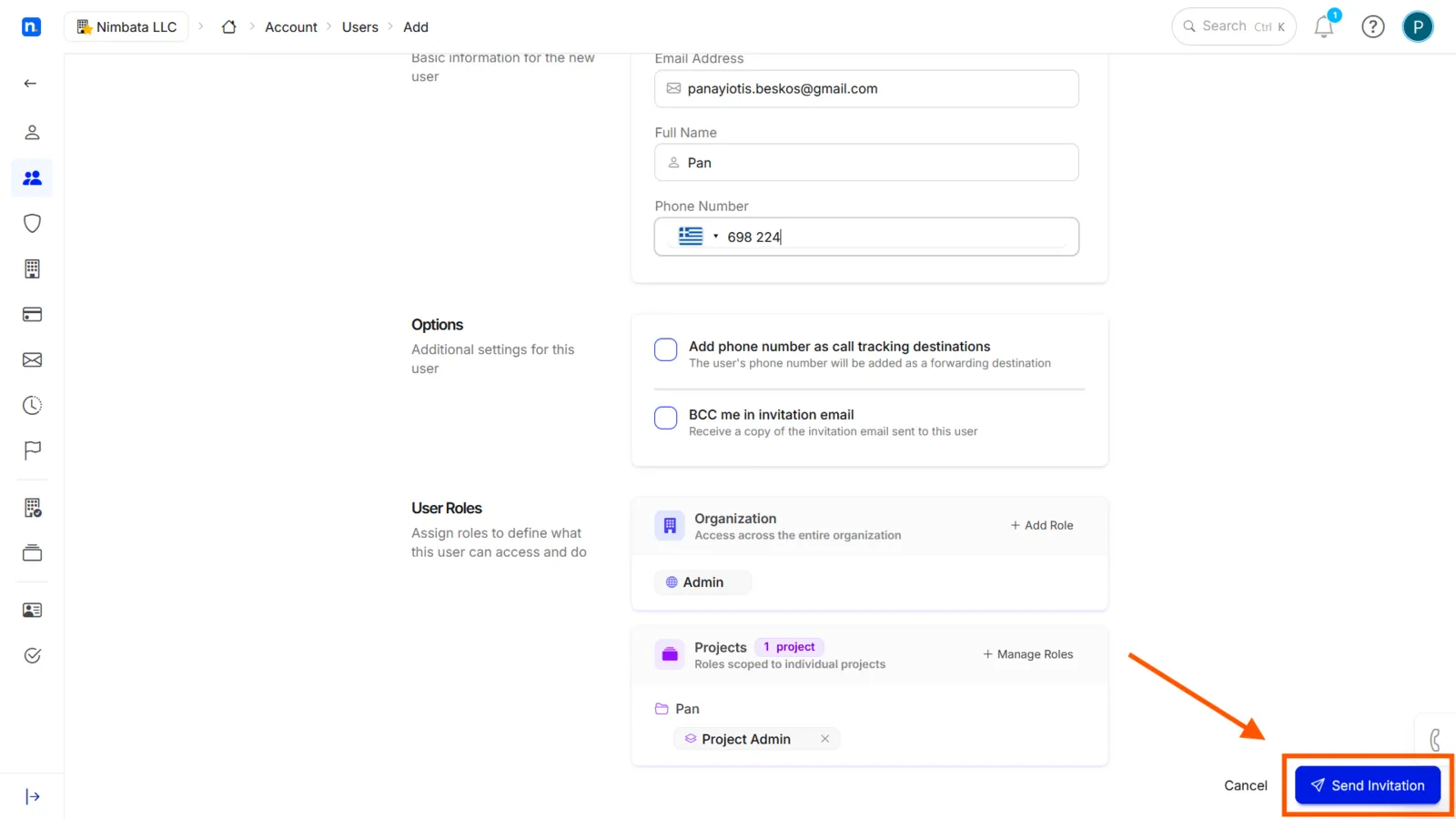 The invite form under Account > Users > Add, with the user’s details, the Options checkboxes, Organization and Projects roles under User Roles, and Send Invitation marked.