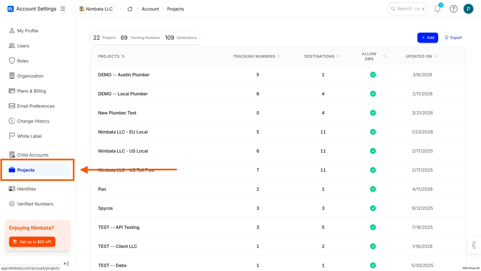 The Account Settings menu with Projects marked, beside the Projects list.