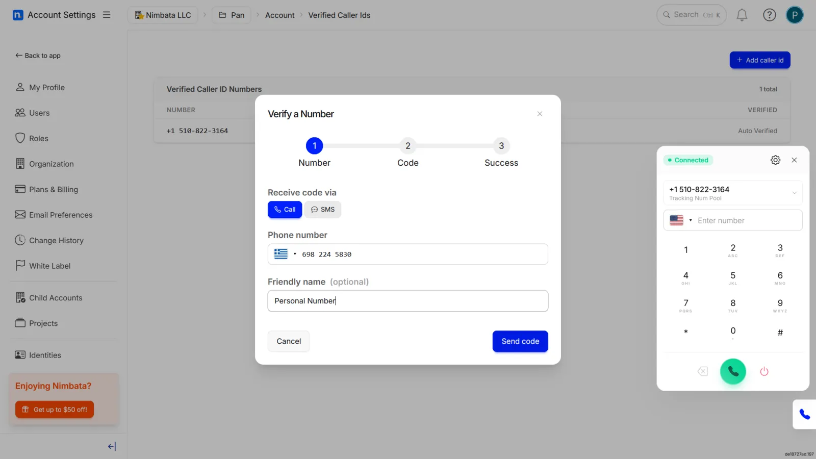 The Verify a Number dialog with Receive code via Call or SMS, a phone number, the friendly name Personal Number, and Send code.