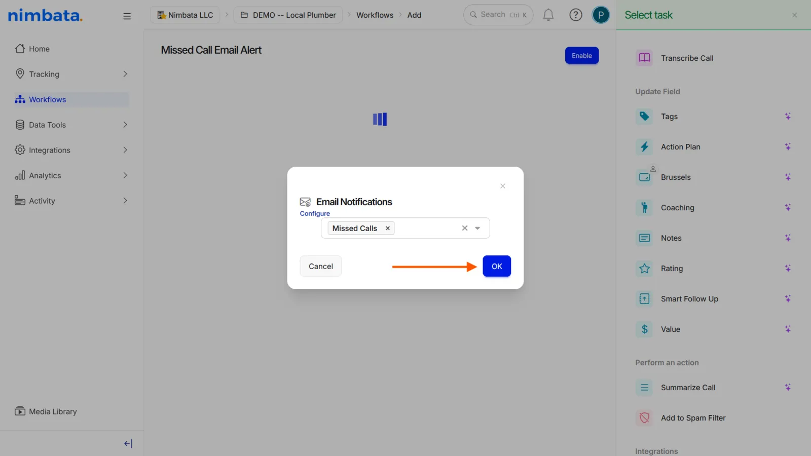 The Email Notifications pop-up with the Missed Calls configuration selected and OK marked.
