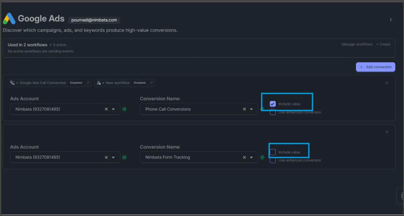 Two conversions on the Google Ads integration, with Include value marked on each and checked on Phone Call Conversions.