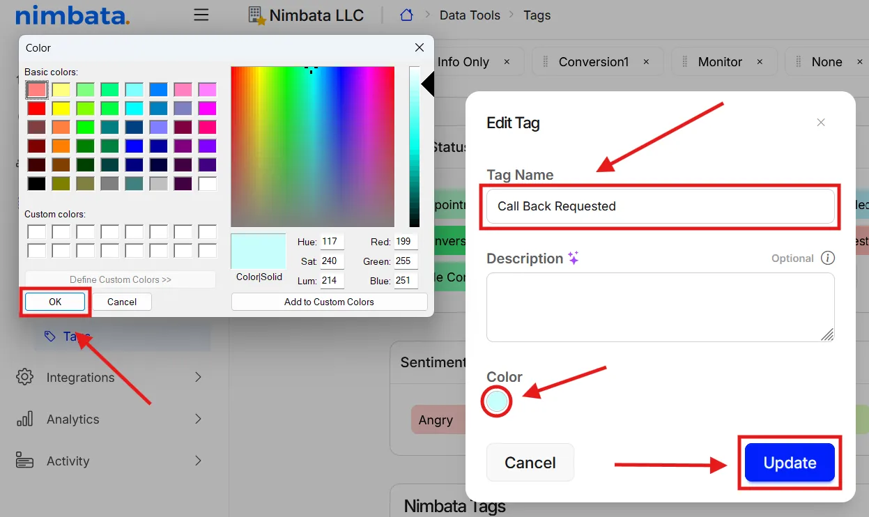 The Edit Tag pop-up with the color picker open, and OK and Update marked.