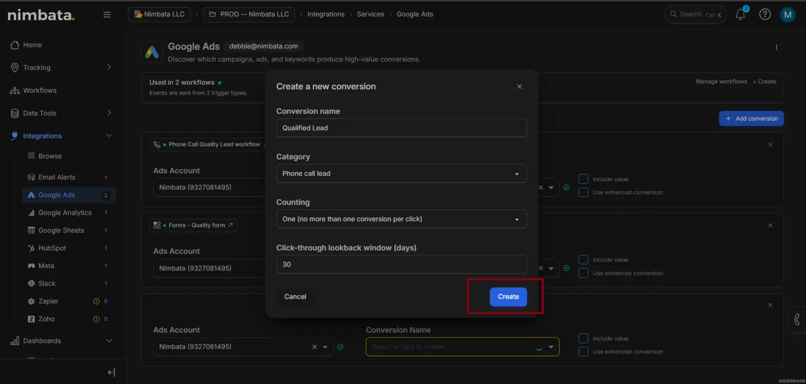 The Create a new conversion dialog: Conversion name Qualified Lead, Category Phone call lead, Counting One, a 30-day click-through lookback window, and Create marked.