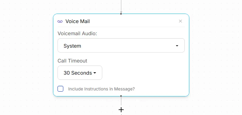Optionally adjust the Call Timeout: how long the Dial rings before voicemail picks up (default: 30 seconds; range: 10 to 60 seconds in 5-second increments).