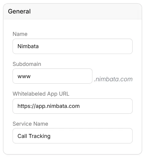 The General panel with Name, Subdomain, Whitelabeled App URL and Service Name.