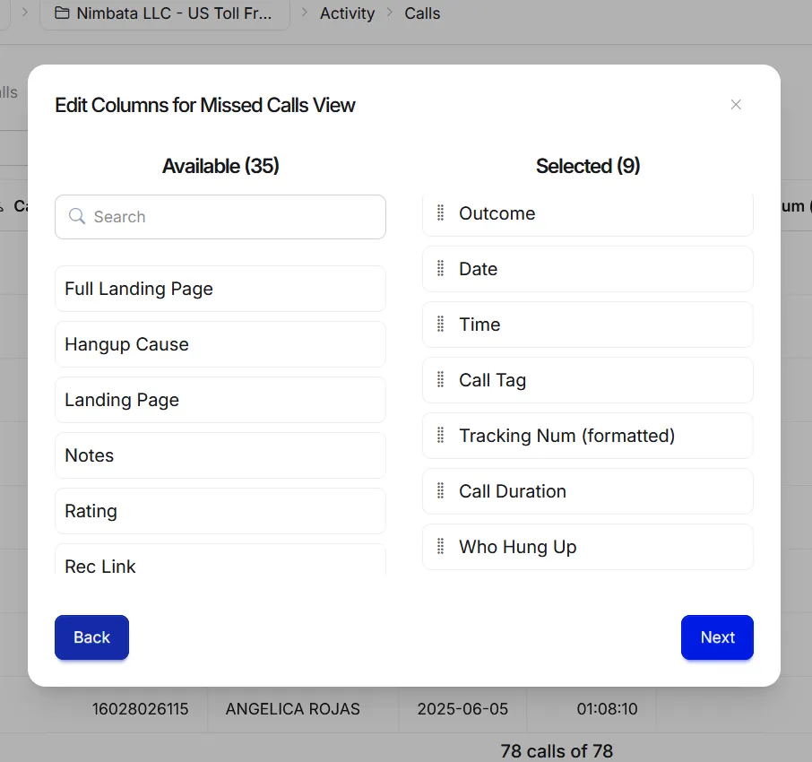 The Edit Columns for Missed Calls View dialog, with Available (35) fields on the left, Selected (9) on the right, and Next.